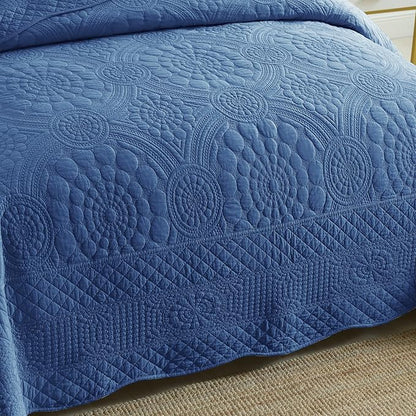 MarCielo 3-Piece 100% Cotton Oversized Bedspread Lightweight Quilt Coverlet Embroidery Farmhouse Bedding Set (Tf Midtone Blue, Oversized King (118"x106"))