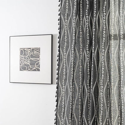 Sutuo Home Boho Curtains 96 Inches Long for Bedroom Living Room Kitchen, Stripe Floral Bohemian Tassels Country Window Treatment Drape for Halloween Decorations Rod Pocket, 1 Panel 59"W x 96"L,Black