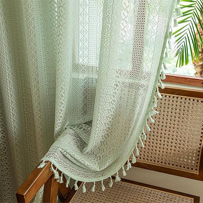 Sutuo Home Boho Curtains for Bedroom Dining Room, Bohemian Crochet Lace Hollow Knitted Handmade Tassels Vintage Rustic Window Treatment Farmhouse Drapes, 1 Panel Rod Pocket 59" W x 96" L, Mint Green