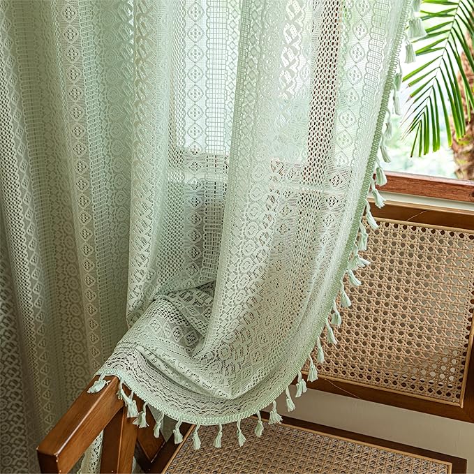 Sutuo Home Boho Sheer Curtains for Kitchen Kid's Room,Crochet Lace Bohemian Hollow Knitted Handmade Tassels Window Treatment Vintage Chic Rod Pocket Farmhouse Drapes, 1 Panel 59" W x 63" L, Mint Green