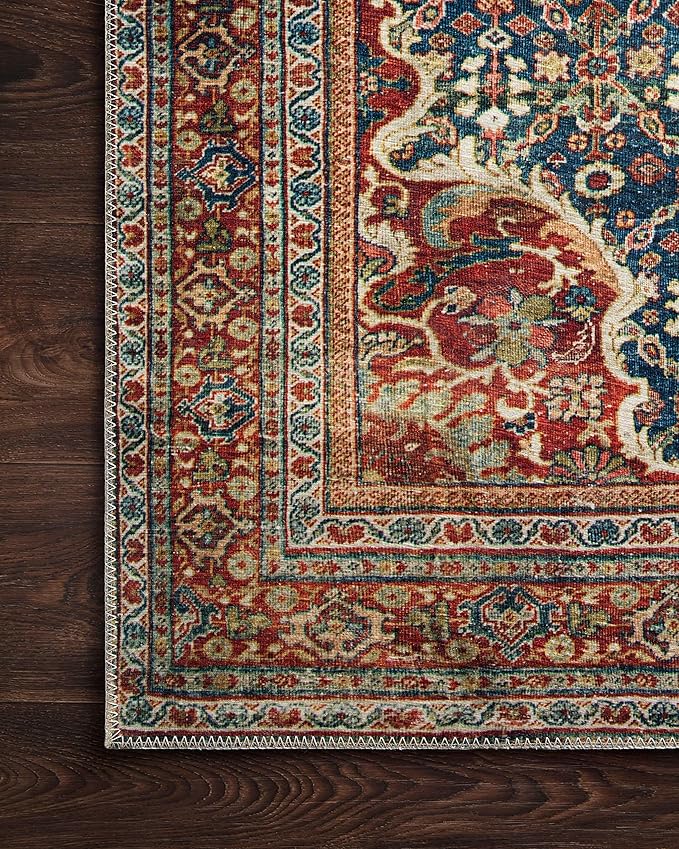 Loloi Layla Collection LAY-09 Cobalt Blue/Spice 2'-6" x 12'-0" .13" Thick Runner Rug, Soft, Durable, Vintage Inspired, Distressed, Low Pile, Non-Shedding, Easy Clean, Printed, Living Room Rug