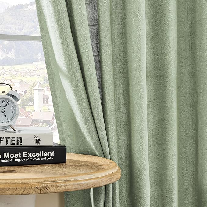 Joydeco Linen Curtains for Living Room,Light Filtering Rod Pocket Back Tab Semi Sheer Drapes Window Long Curtains 90 inches Long Sage Green