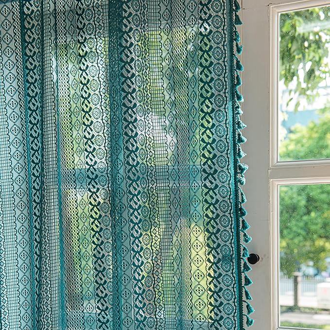 Sutuo Home Boho Curtains 120 inches for Bedroom Dining Room Patio Doorway, Crochet Lace Sheer Bohemian Extra Long with Tassels,Window Treatment Drape, Single 1 Panel 59" W x 120" L, Turquoise