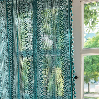 Sutuo Home Boho Curtains 120 inches for Bedroom Dining Room Patio Doorway, Crochet Lace Sheer Bohemian Extra Long with Tassels,Window Treatment Drape, Single 1 Panel 59" W x 120" L, Turquoise