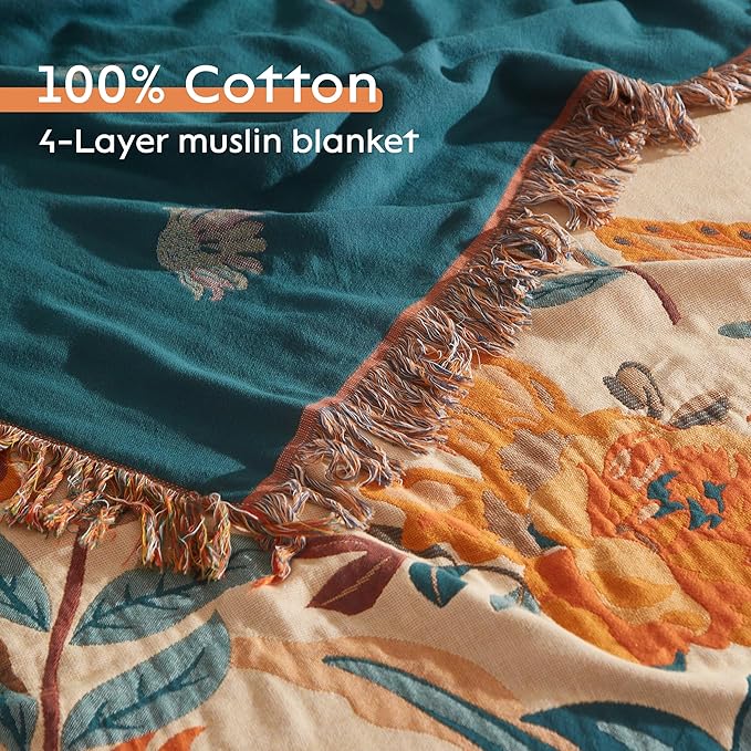 Boho Throw Blanket for Bed 60”x80”, 100% Cotton Woven Blanket for Couch Sofa, Ultra Soft 4-Layer Muslin Quilt with Floral Printed, Farmhouse Bed Blanket/Cover for Living Room Decor