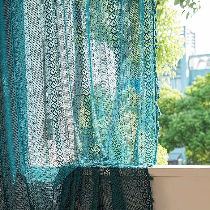 Sutuo Home Boho Curtains 120 inches for Bedroom Dining Room Patio Doorway, Crochet Lace Sheer Bohemian Extra Long with Tassels,Window Treatment Drape, Single 1 Panel 59" W x 120" L, Turquoise
