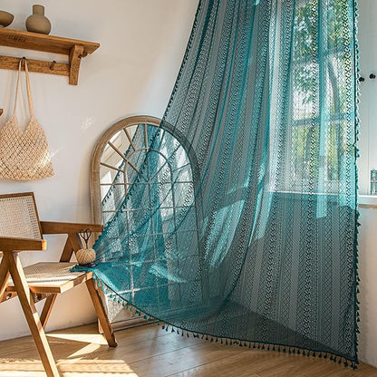 Sutuo Home Boho Curtains 120 inches for Bedroom Dining Room Patio Doorway, Crochet Lace Sheer Bohemian Extra Long with Tassels,Window Treatment Drape, Single 1 Panel 59" W x 120" L, Turquoise