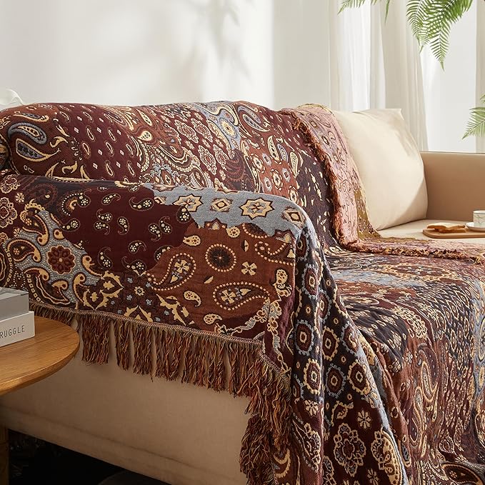 Boho Throw Blanket for Bed 80”x90”, 100% Cotton Woven Blanket for Couch Sofa, Ultra Soft 4-Layer Muslin Quilt with Patchwork Floral Printed, Farmhouse Bed Blanket/Cover for Living Room Decor