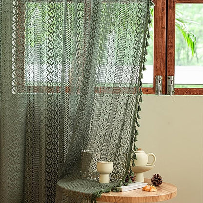 Sutuo Home Olive Green Boho Curtains 84 inches Long for Bedroom Living Room, Crochet Lace Sheer Bohemian Hollow Geometry Knitted Handmade Tassels, Privacy Vintage Farmhouse, 1 Panel 59" W x 84" L
