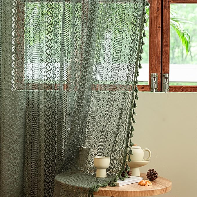 Sutuo Home Boho Curtains 120 inches Long, Crochet Lace Sheer Bohemian Hollow Knitted Cute Tassels, Vintage Farmhouse for Bedroom Living Room Nursery Dining Room, 1 Panel 59" W x 120" L,Olive Green