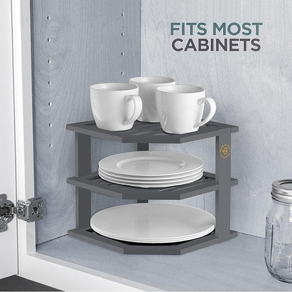 Cabinet Organizer Shelf - Bamboo Corner Rack for Kitchen Counter, Cabinet Space Saver for Plates, Dishes, Bowls, Bread Pantry, Bathroom Storage or Countertop Stand, Grey