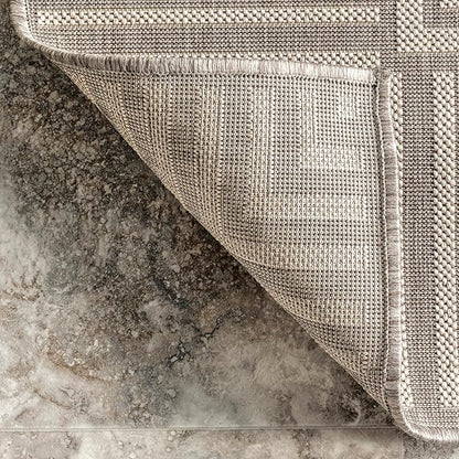 nuLOOM 2' x 8' Outdoor Area Rug, Casual Design with Striped Border, Stain Resistant, Highly Durable, for Patio, Balcony, Bedroom, Living Room, Dining Room, Bathroom, Light Grey