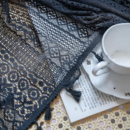Sutuo Home Black Boho Curtain 84 Inches Length, Sheer Crochet Lace Handmade Tassels Knitted Window Treatment Vintage Rustic Bohemian Farmhouse Drape for Bedroom Rod Pocket 1 Panel 59" W x 84" L