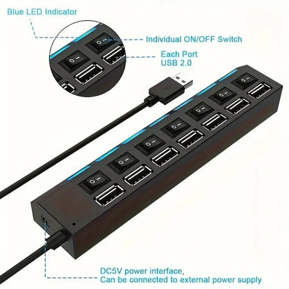 USB 2.0 Hub 5Gbps High Speed Multi USB Ports Power Adapter Expander LED USB 4/7 Ports Splitter With Switch For Laptop Computer