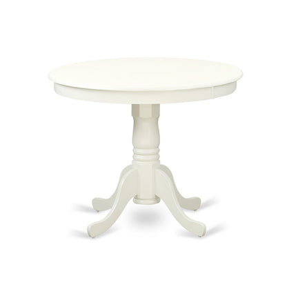 EAST WEST FURNITURE - ANVA3-LWH-C - 3-Pc Dining Room Table Set- 2 Wooden Chairs and Round Dining Table - Linen Fabric Seat and Slatted Chair Back (linen white Finish)