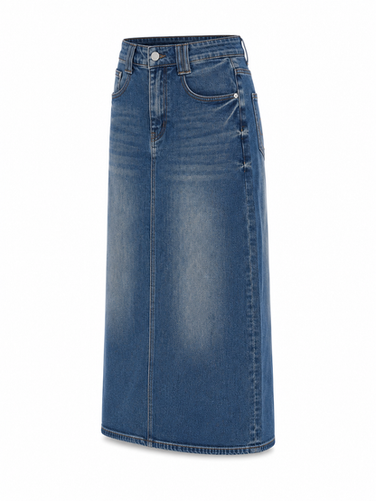 Vintage Wash Denim Midi Skirt for Women