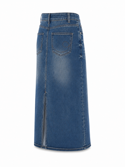 Vintage Wash Denim Midi Skirt for Women