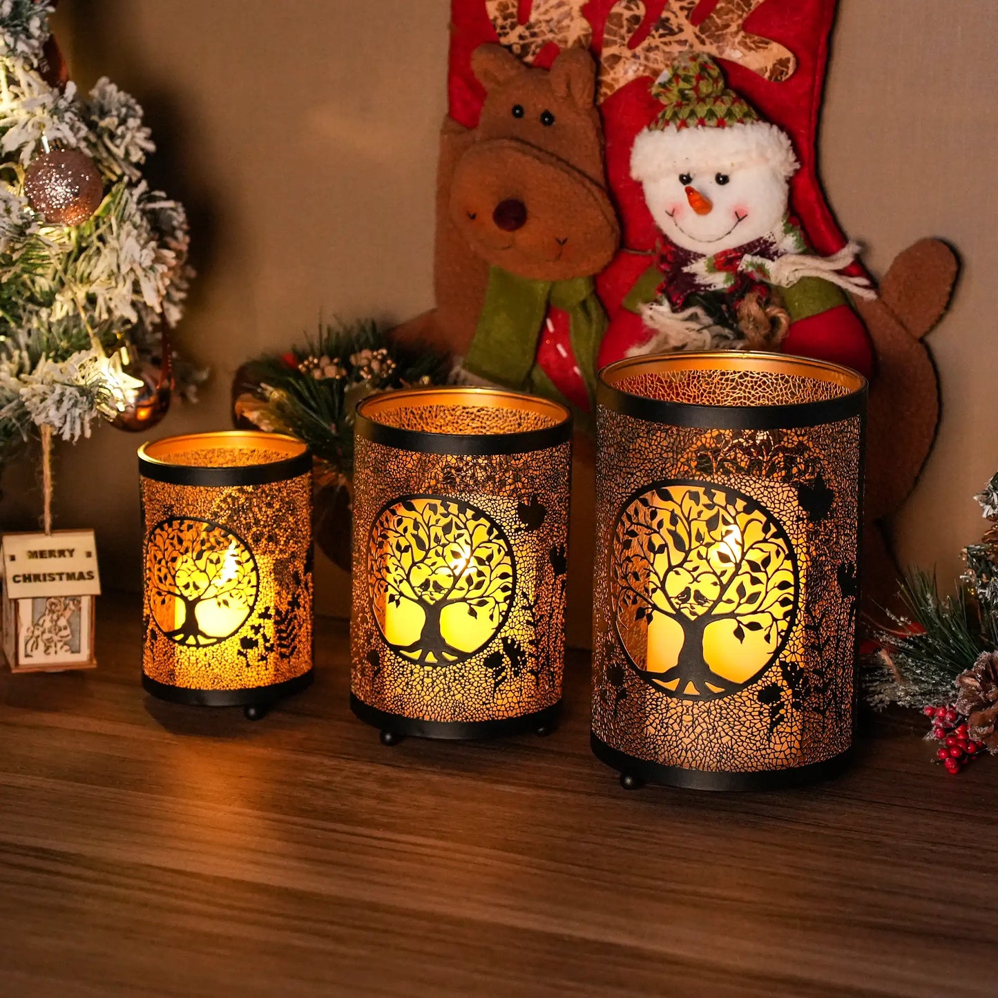 7" H Etched Metal Candle Holder Christmas Decorations Lantern