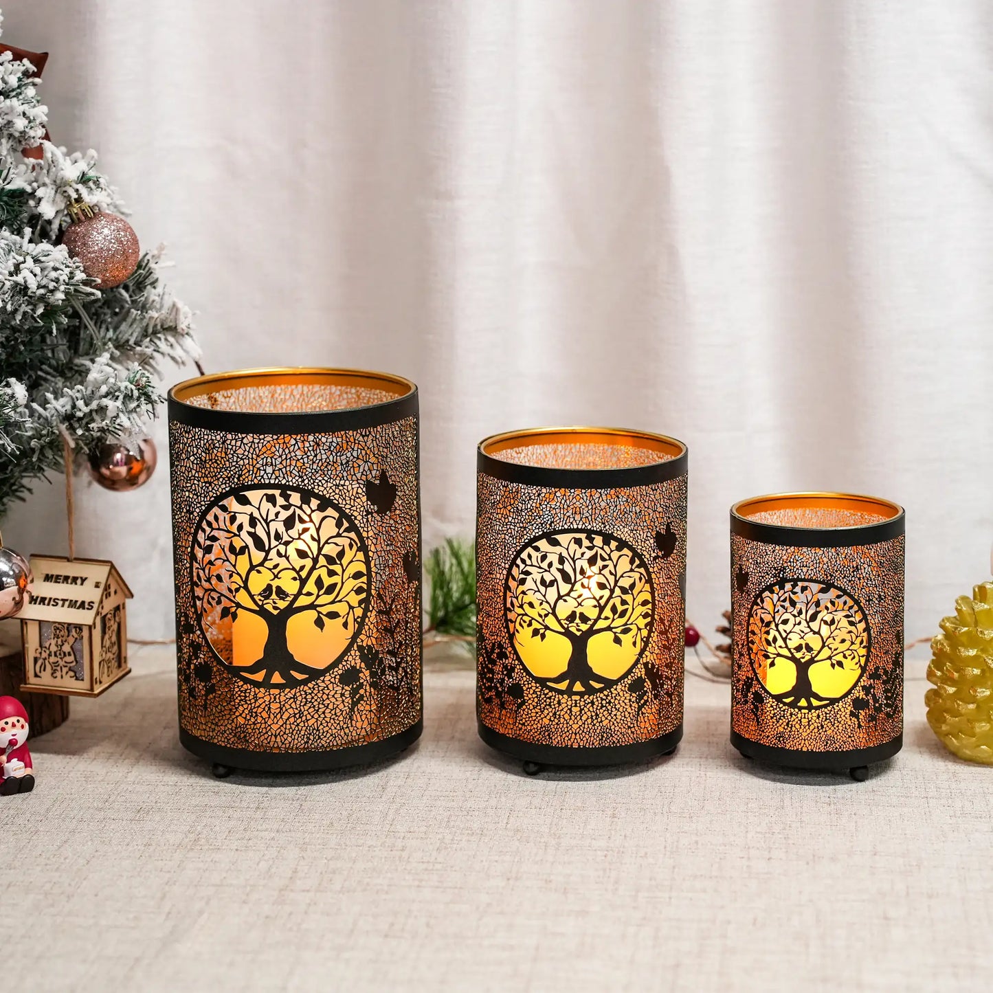 7" H Etched Metal Candle Holder Christmas Decorations Lantern