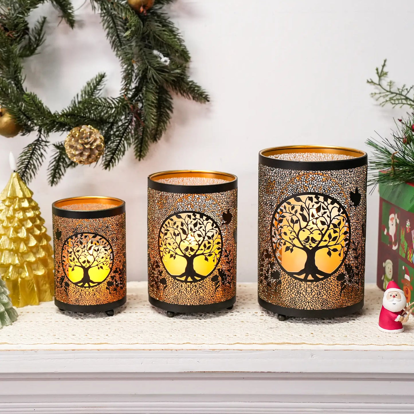 7" H Etched Metal Candle Holder Christmas Decorations Lantern