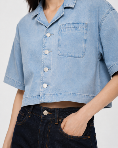 Vintage Wash Boxy Cropped Lyocell Shirt for Women