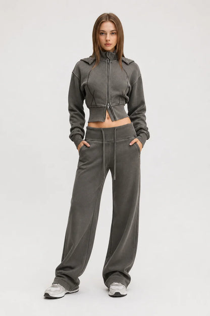 Vintage Washed Cropped Fleece Hoodie for Women