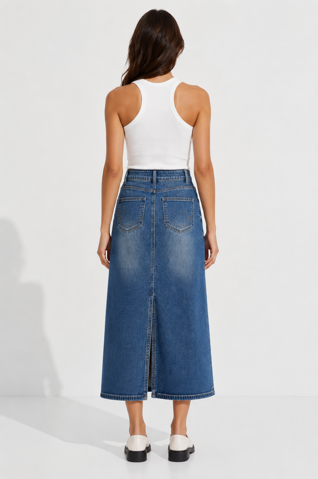 Vintage Wash Denim Midi Skirt for Women