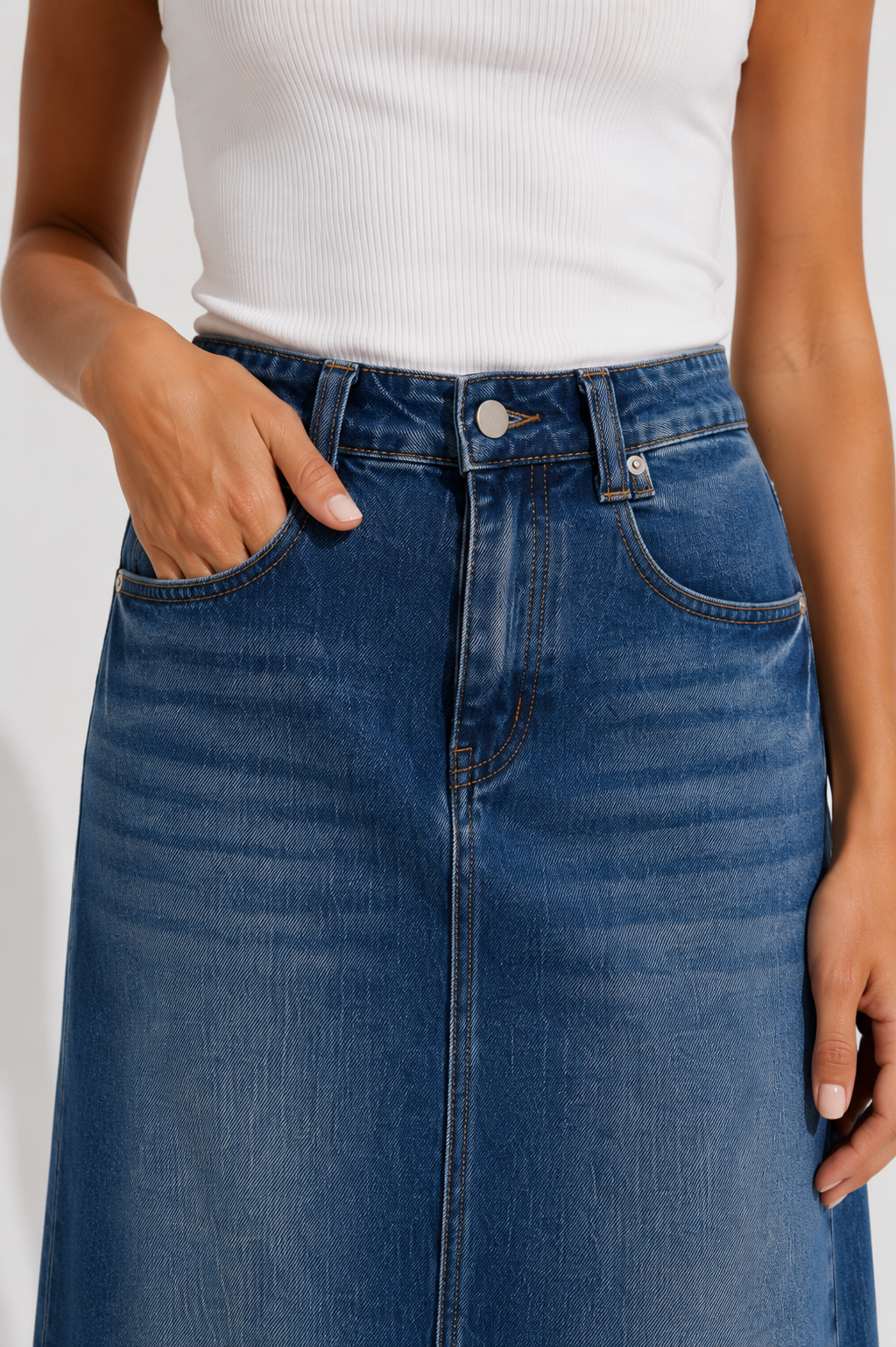 Vintage Wash Denim Midi Skirt for Women