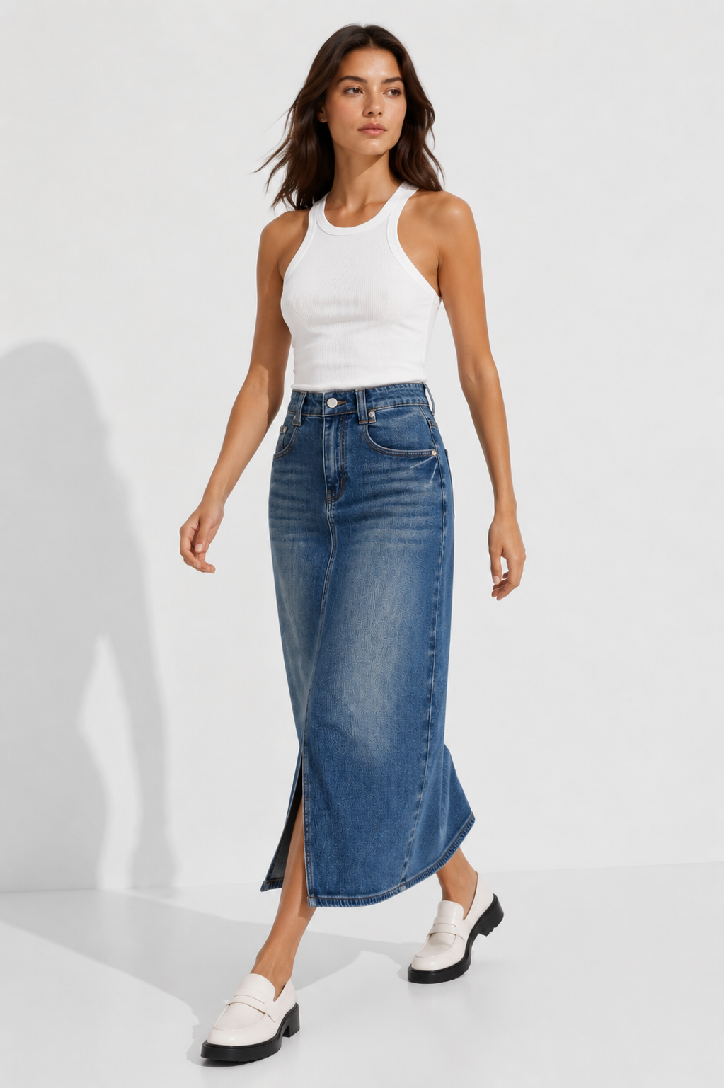Vintage Wash Denim Midi Skirt for Women