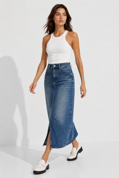 Vintage Wash Denim Midi Skirt for Women