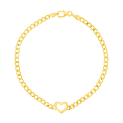 14k Yellow Gold 7 inch Curb Chain Bracelet with Heart