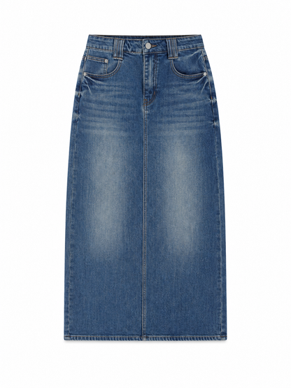 Vintage Wash Denim Midi Skirt for Women