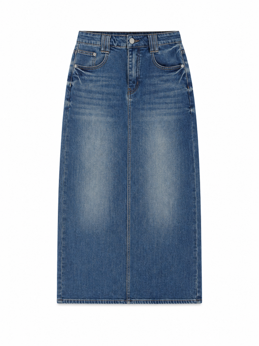 Vintage Wash Denim Midi Skirt for Women