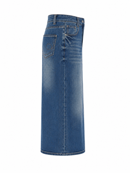 Vintage Wash Denim Midi Skirt for Women