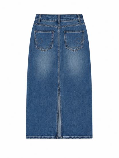 Vintage Wash Denim Midi Skirt for Women