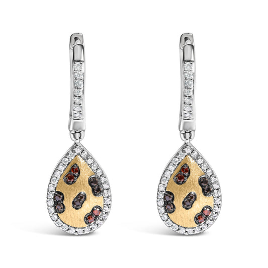 Boucles d'oreilles pendantes poire en argent sterling plaqué or jaune 10 carats avec diamants multicolores 1/3 Cttw