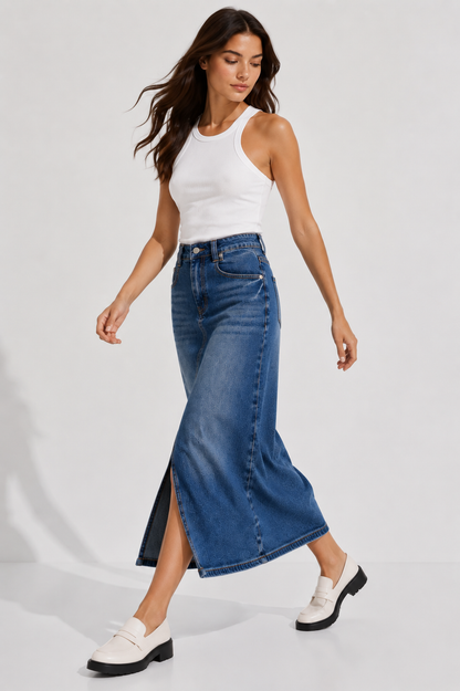 Vintage Wash Denim Midi Skirt for Women