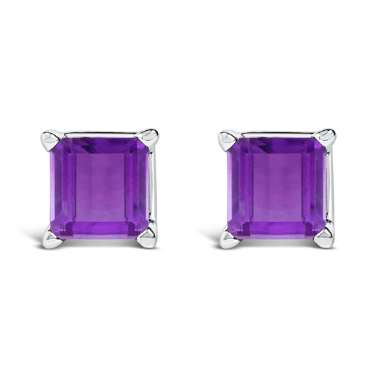 Boucles d'oreilles clous solitaires en or blanc 14K, améthyste violette taille princesse 5x5MM