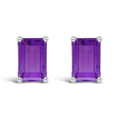 14K White Gold 6x4MM Emerald Shaped Amethyst Solitaire Stud Earrings