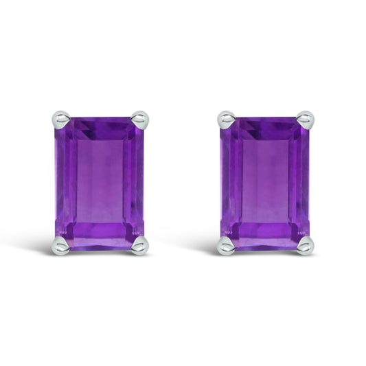 Boucles d'oreilles clous solitaires en or blanc 14K, améthyste taille émeraude 6x4MM