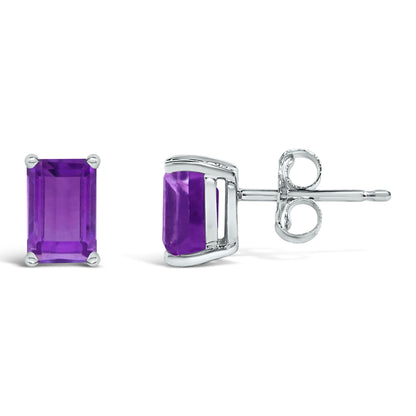 14K White Gold 6x4MM Emerald Shaped Amethyst Solitaire Stud Earrings