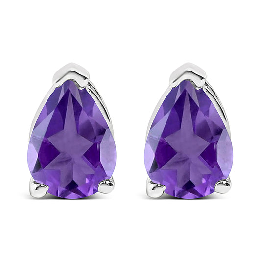 Puces d'oreilles solitaires en améthyste violette poire 6x4MM en or blanc 14 carats