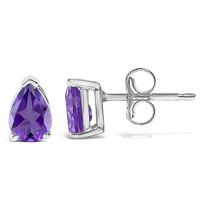 14K White Gold 6x4MM Pear Shaped Purple Amethyst Solitaire Stud Earrings