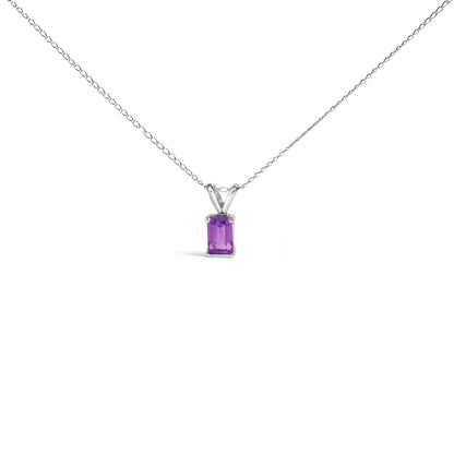 14K White Gold 6x4MM Emerald Cut Purple Amethyst Solitaire Pendant Necklace