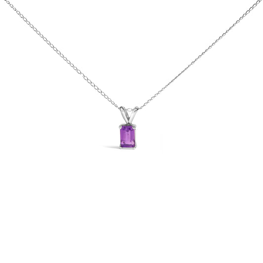 Collier Pendentif Solitaire en Or Blanc 14K Améthyste Violette Coupe Émeraude 6x4MM