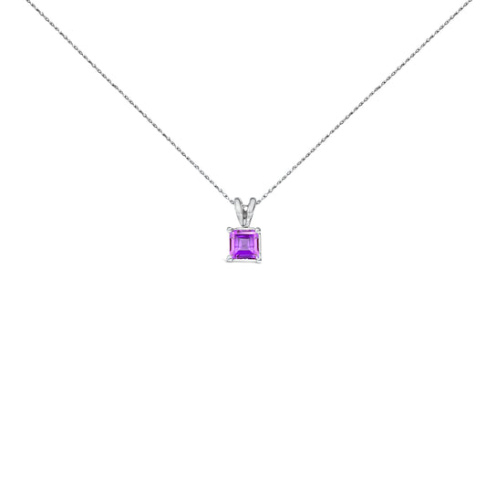 Collier pendentif solitaire améthyste violette de 5x5 MM de forme carrée en or blanc 14 carats