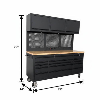 Overhead Pro 72" Rolling Tool Chest | 79" Tall | 14 Drawers | Overhead Cabinets | Pegboard & Power Strip