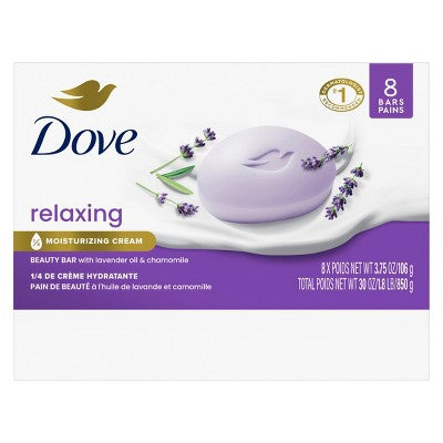 Jabones en barra relajantes Dove Beauty con aceite de lavanda y manzanilla 30 oz/8 unidades - Caja imperfecta