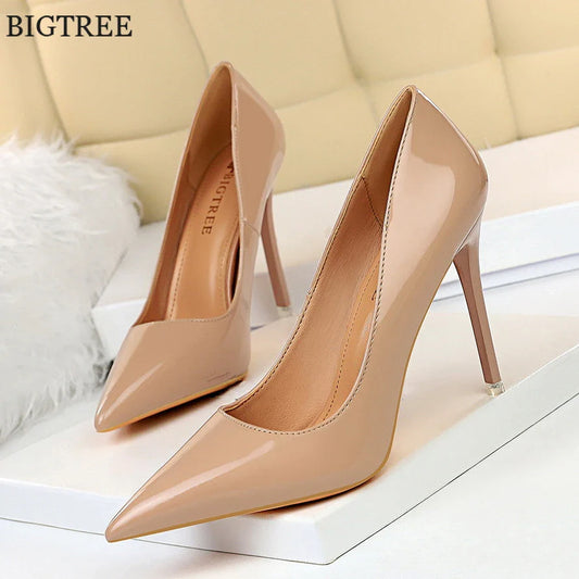 Zapatos de mujer de charol concisos de otoño, tacones altos de oficina con punta, zapatos de tacón de aguja, zapatos de boda de fiesta sexis para mujer, de color nude y rojo poco profundos
