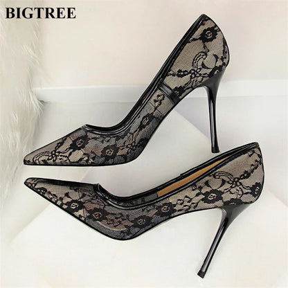 2025 Sexy Black Flower Lace Mesh Pumps Women Pointed Fashion Party Shoes Show Thin High Heels Shoes Women's Office Shoes Shallow